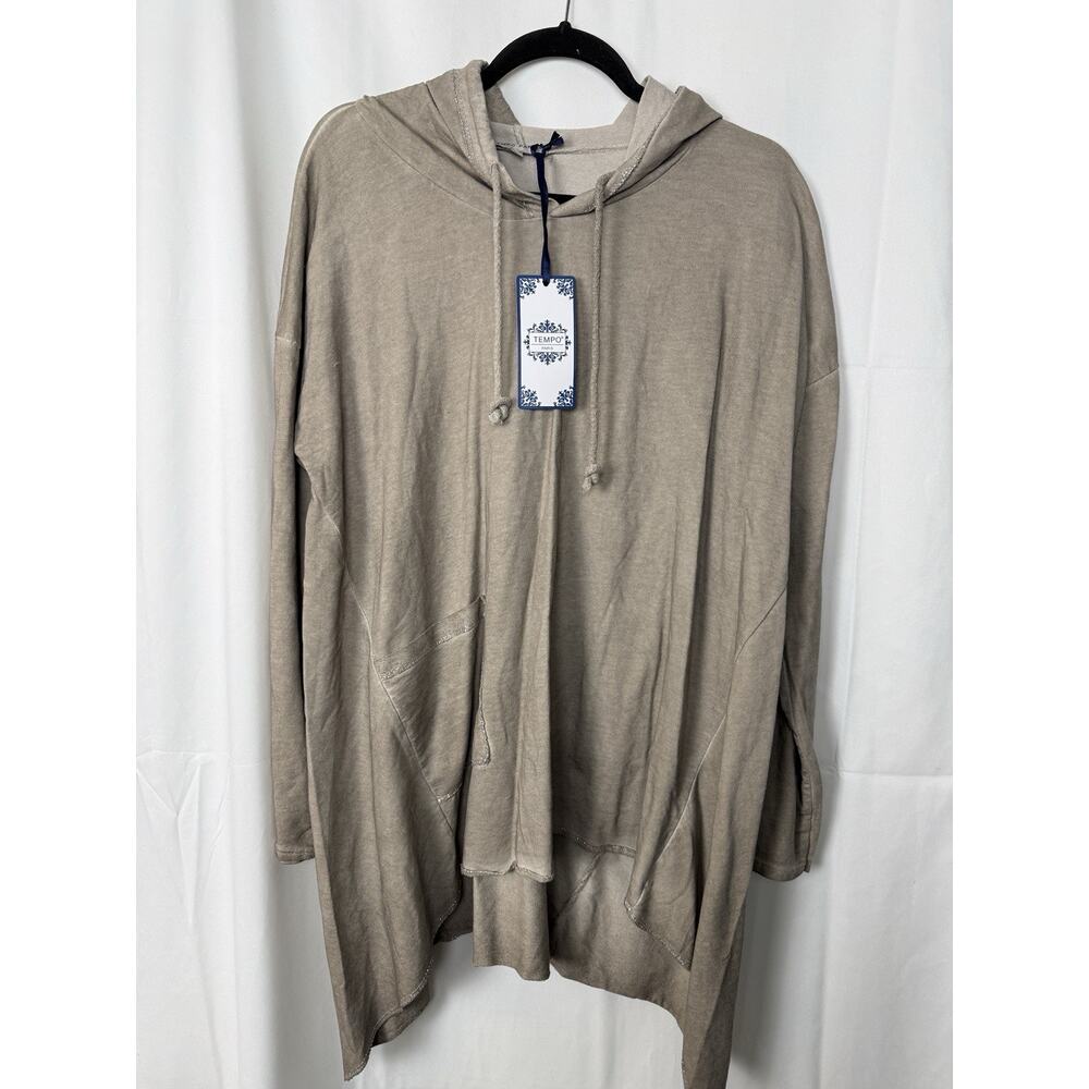 NWT Tempo Paris Hooded Asymmetrical Tunic Size S/M Taupe Made in Italy Oversized